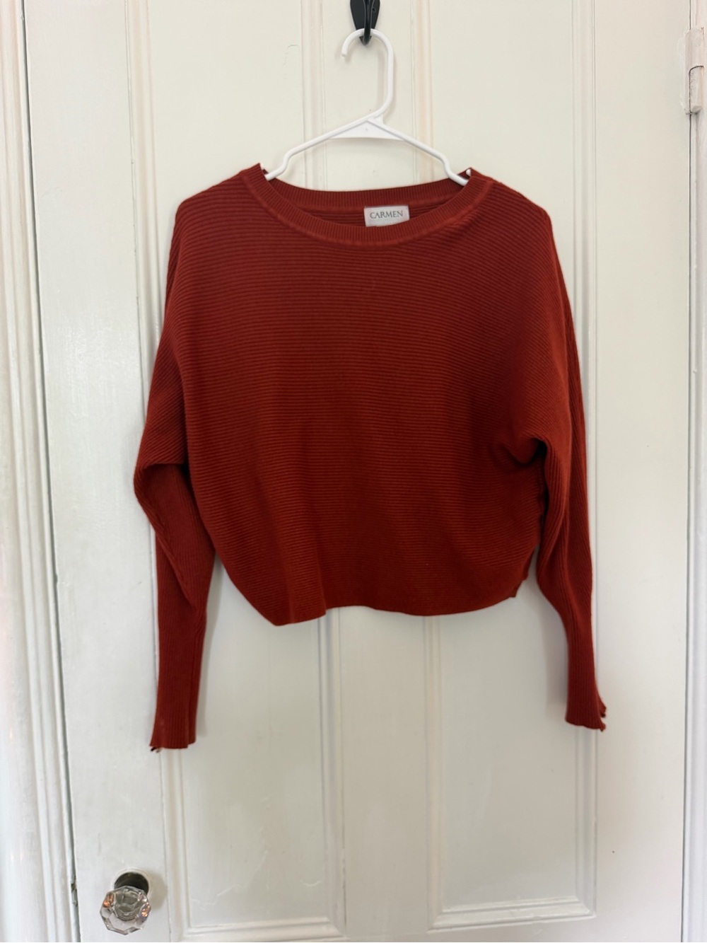Carmen Marc Valvo Ribbed Crewneck Sweater in Burnt Orange